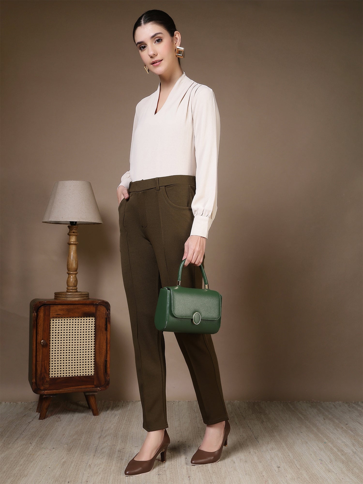 women straight fit formal trousers with front seam detailing