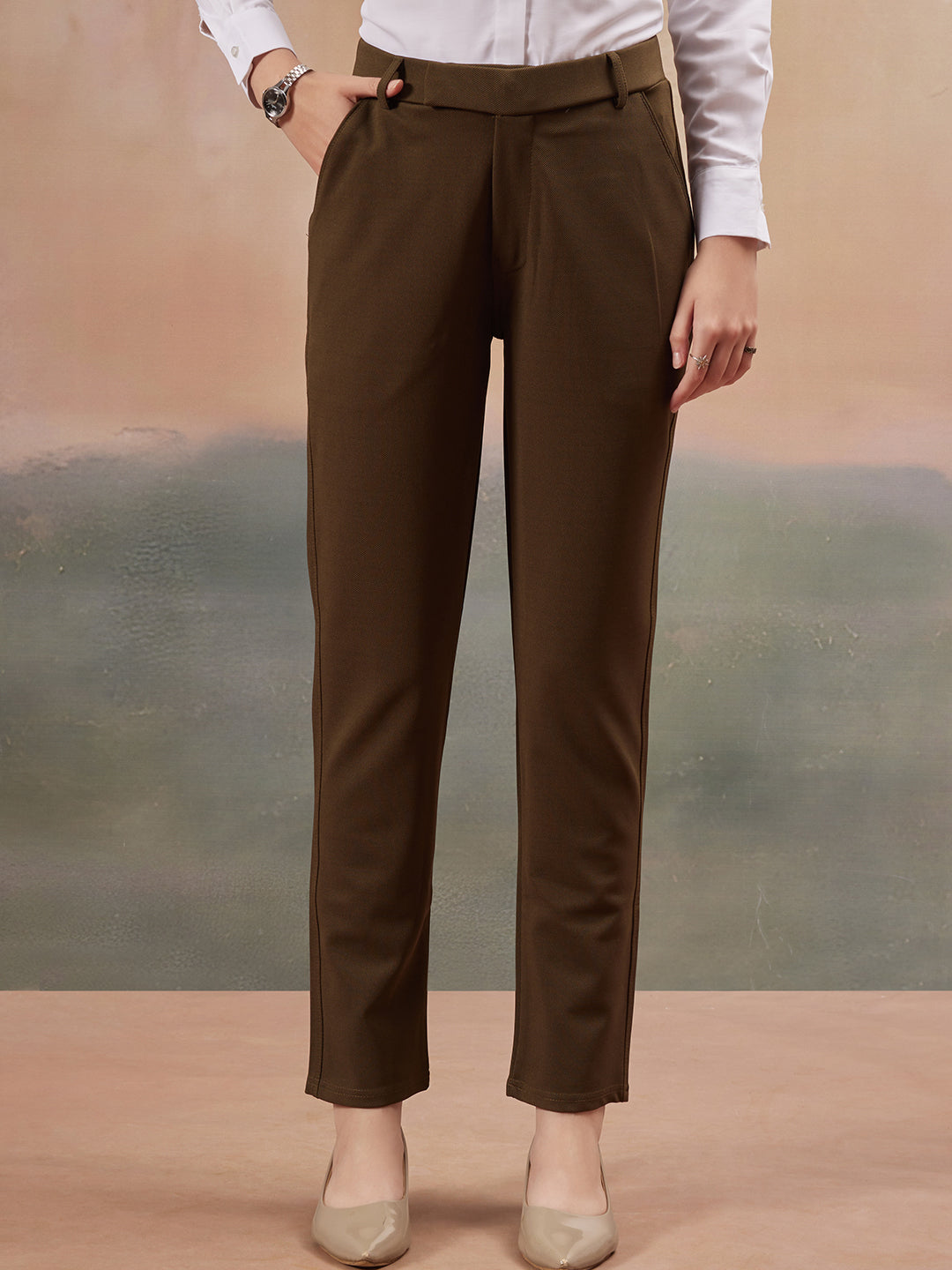 women mid rise wrinkle free plain formal trousers 1