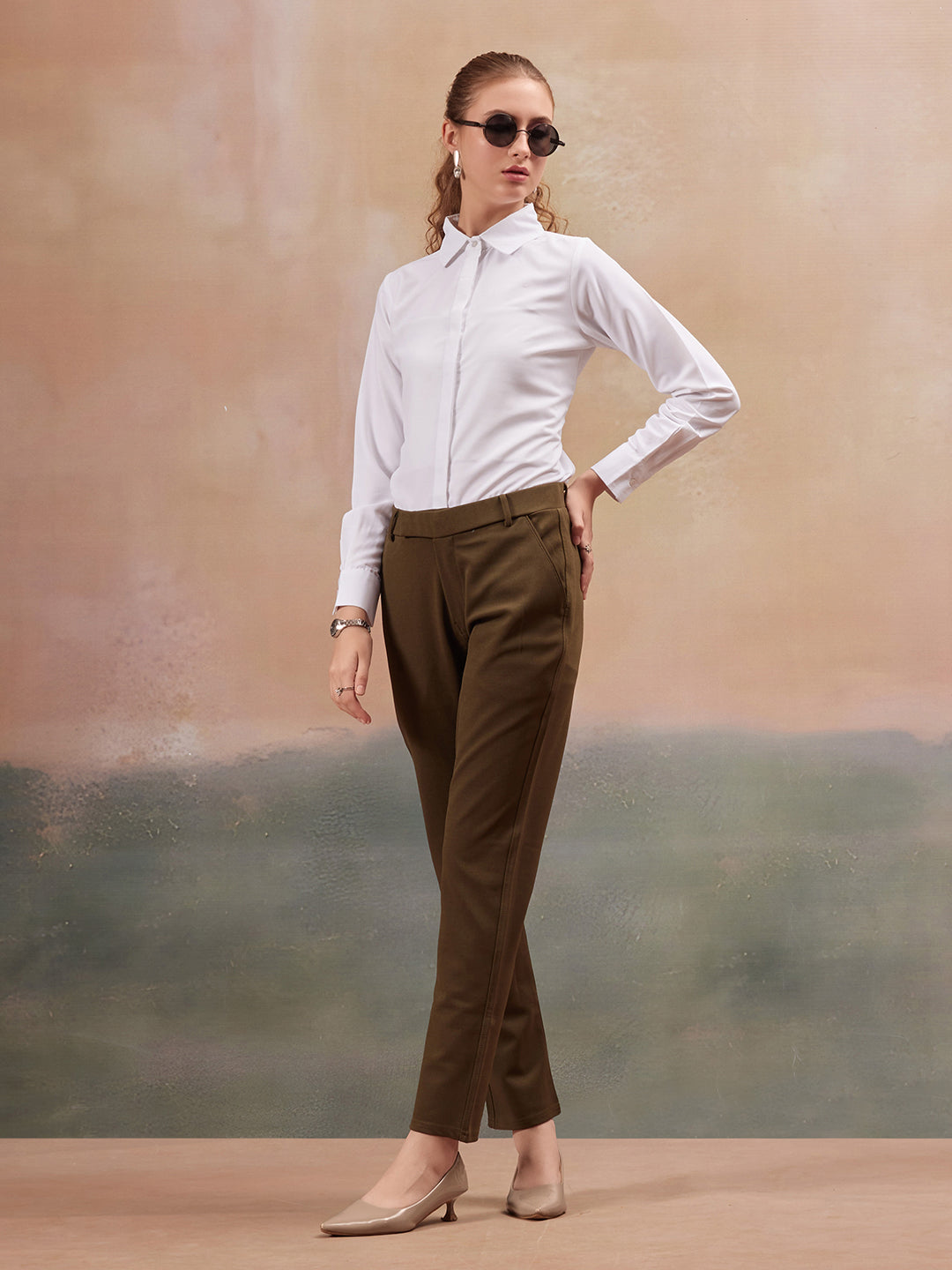 women mid rise wrinkle free plain formal trousers 1