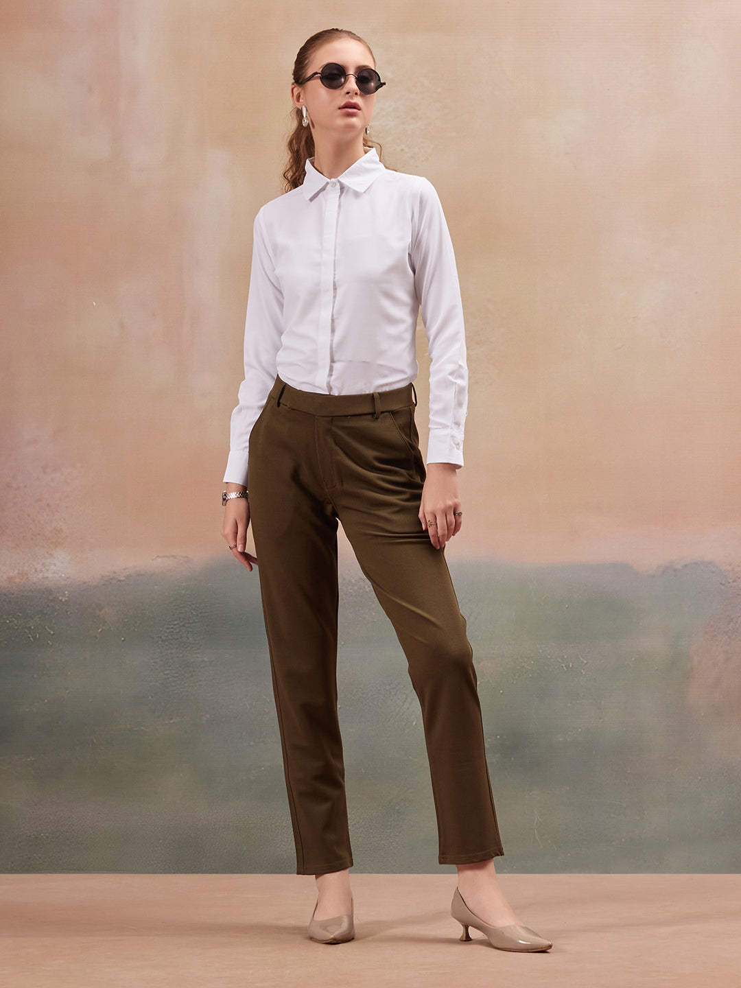 women mid rise wrinkle free plain formal trousers 1