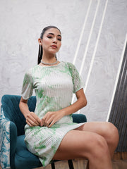 athena green printed round neck sequined net sheath dress