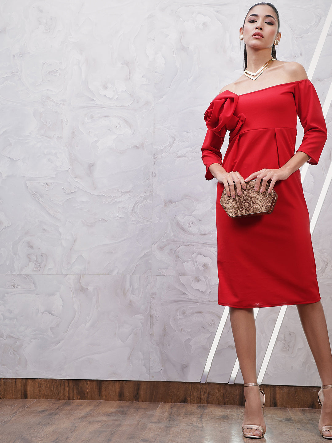 athena off shoulder corsage sheath dress