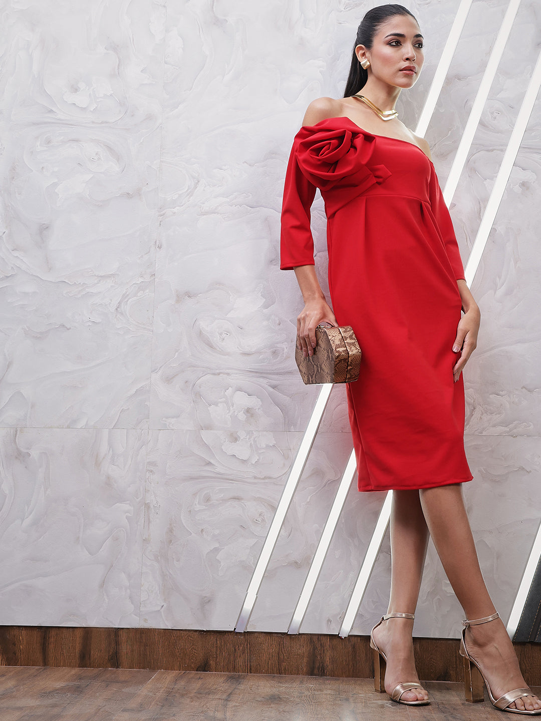 athena off shoulder corsage sheath dress