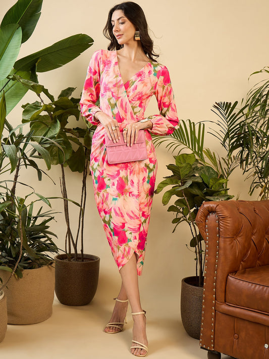 Overlap neck Tulip midi Dress in Pink Floral Print