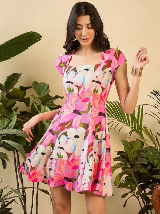 Short Flare Skater Dress with cut-out back in Mauve Floral Print
