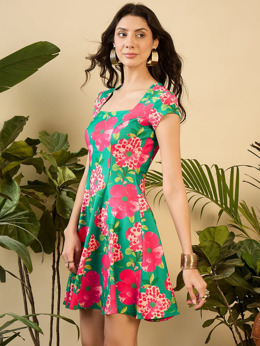 Short Flare Skater Dress with cut-out back in Green & Pink Flower Print