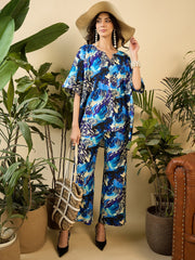 Anti Fit Kaftan Top with Pants in Blue Abstract Brush stroke Print