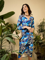 Overlap neck Tulip midi Dress in Blue Abstract Brush stroke Print
