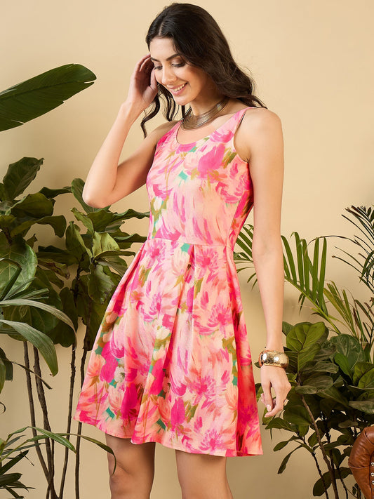 Box Pleated Mini Dress in Pink Floral Print