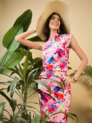 One shoulder Slouchy Printed mini Dress in Multi Color Abstract brush Strokes Print