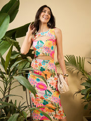 Cut out midi bodycon dress in Multi Color Floral Print