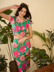 Front twist crop top with pencil skirt in Green & Pink Flower Print
