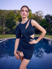 athena blue puffed sleeves cut outs detailed sheath dress