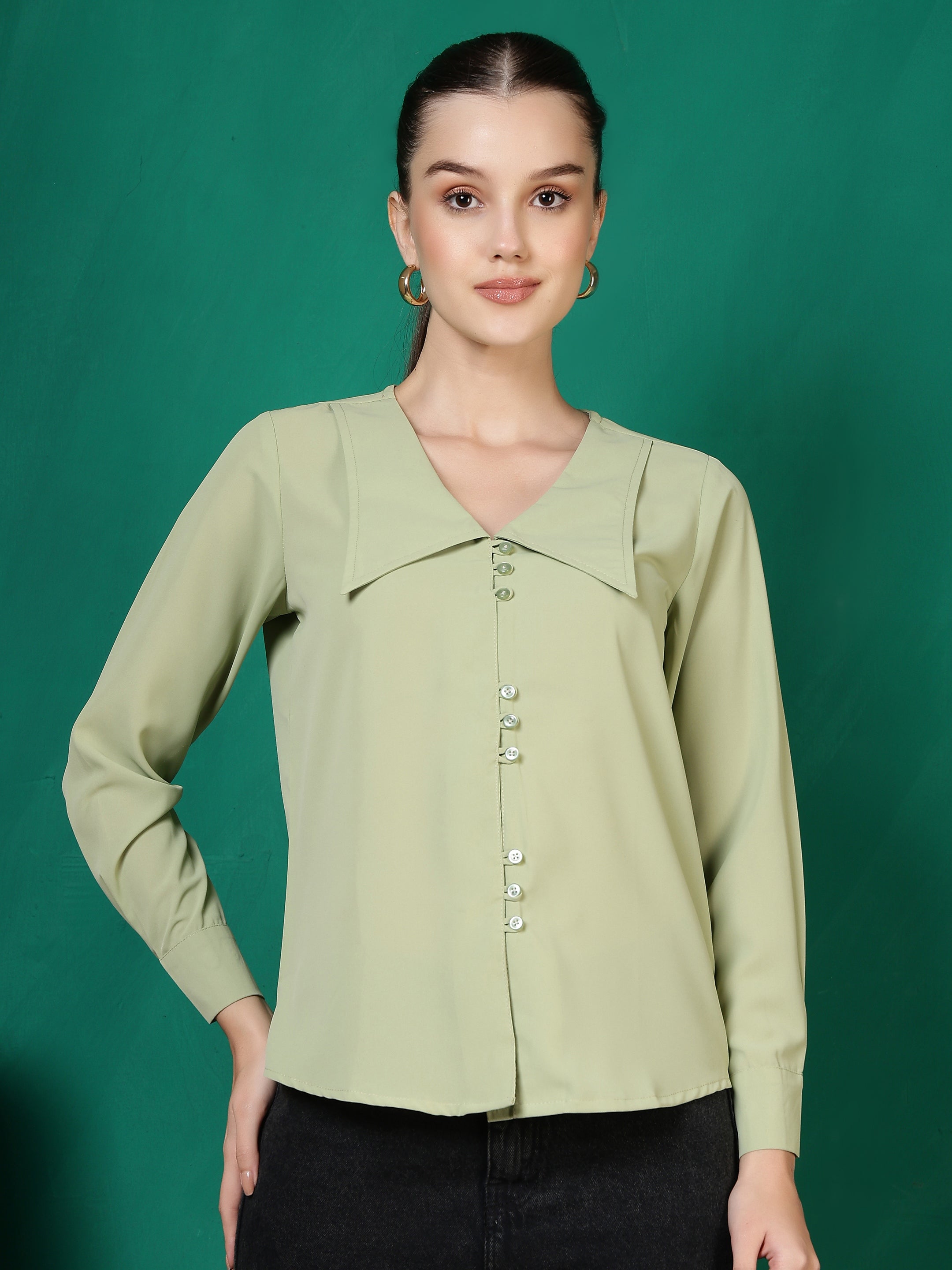 womens solid v neck long sleeve shirt with wide collar