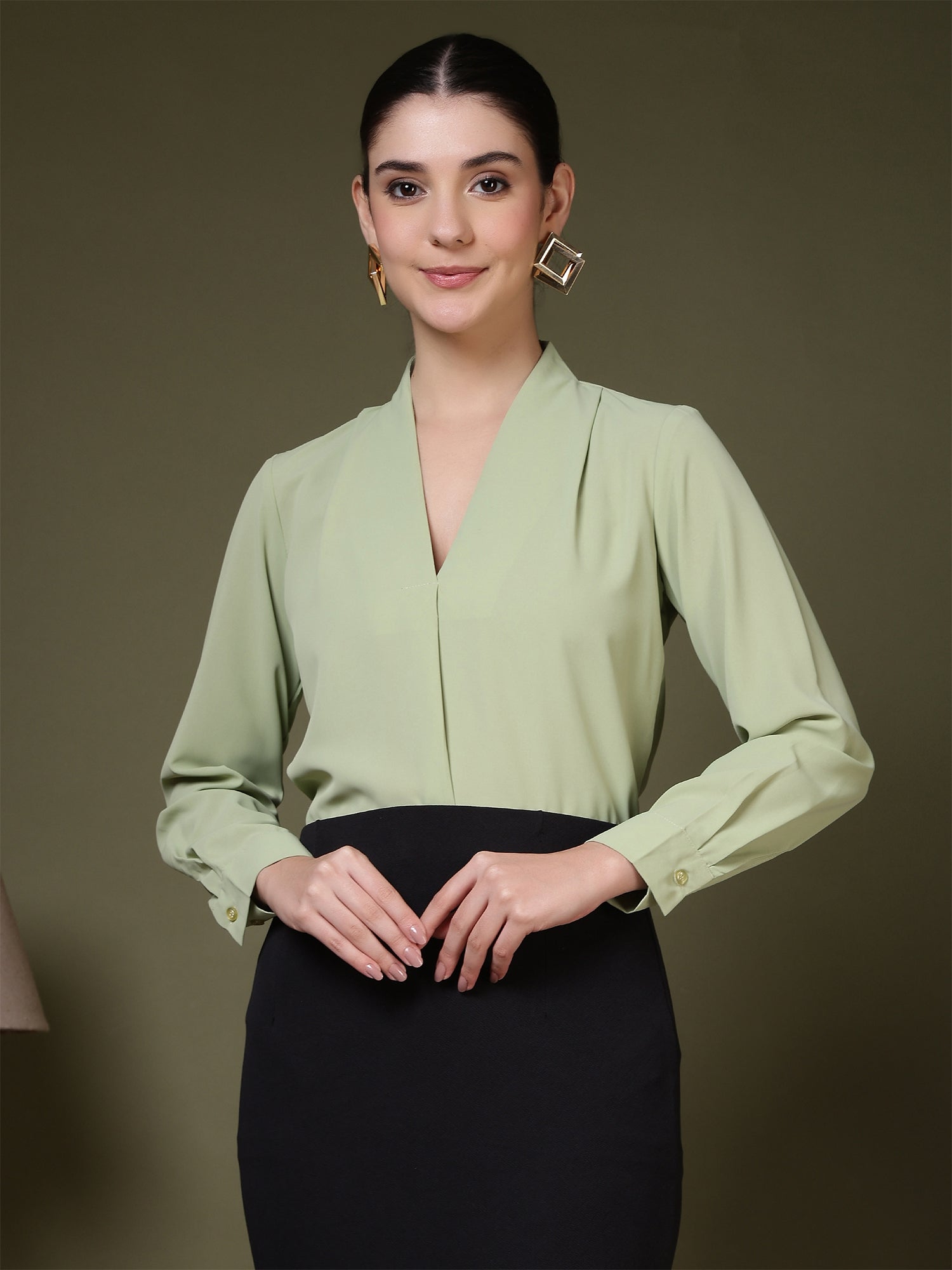 women v neck pleated long sleeve elegant office wear everyday casual top 1
