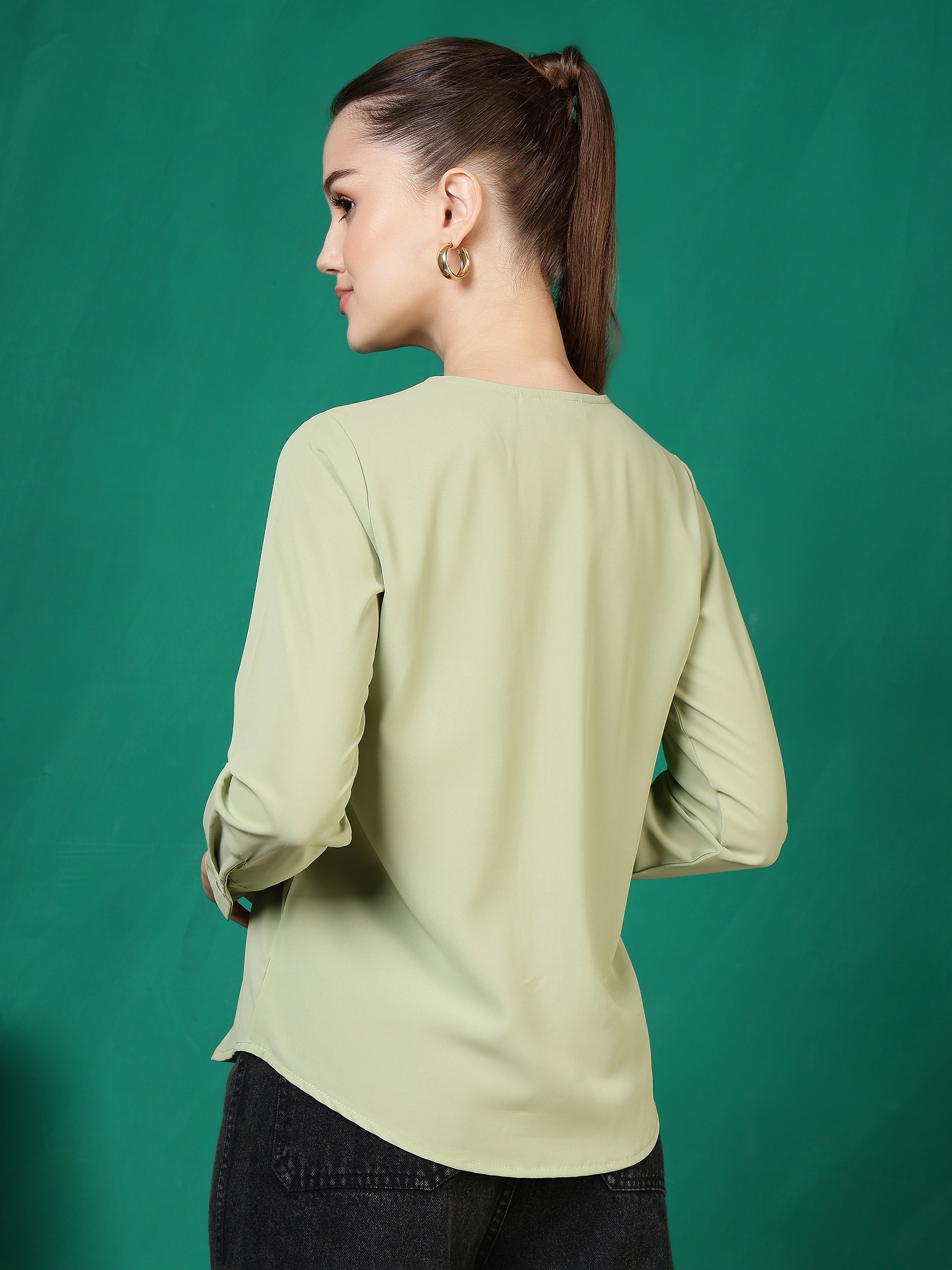 womens solid v neck long sleeve shirt with wide collar