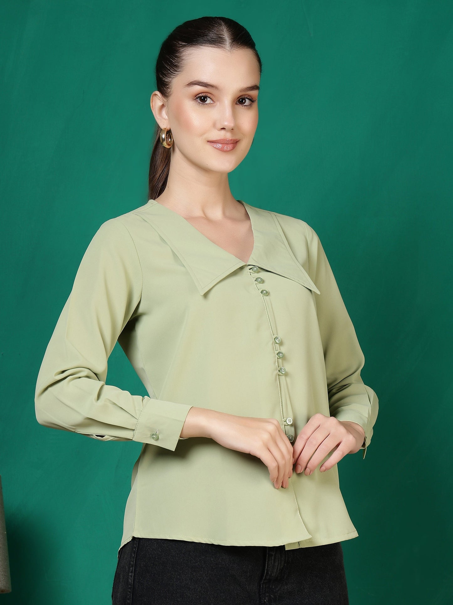 womens solid v neck long sleeve shirt with wide collar