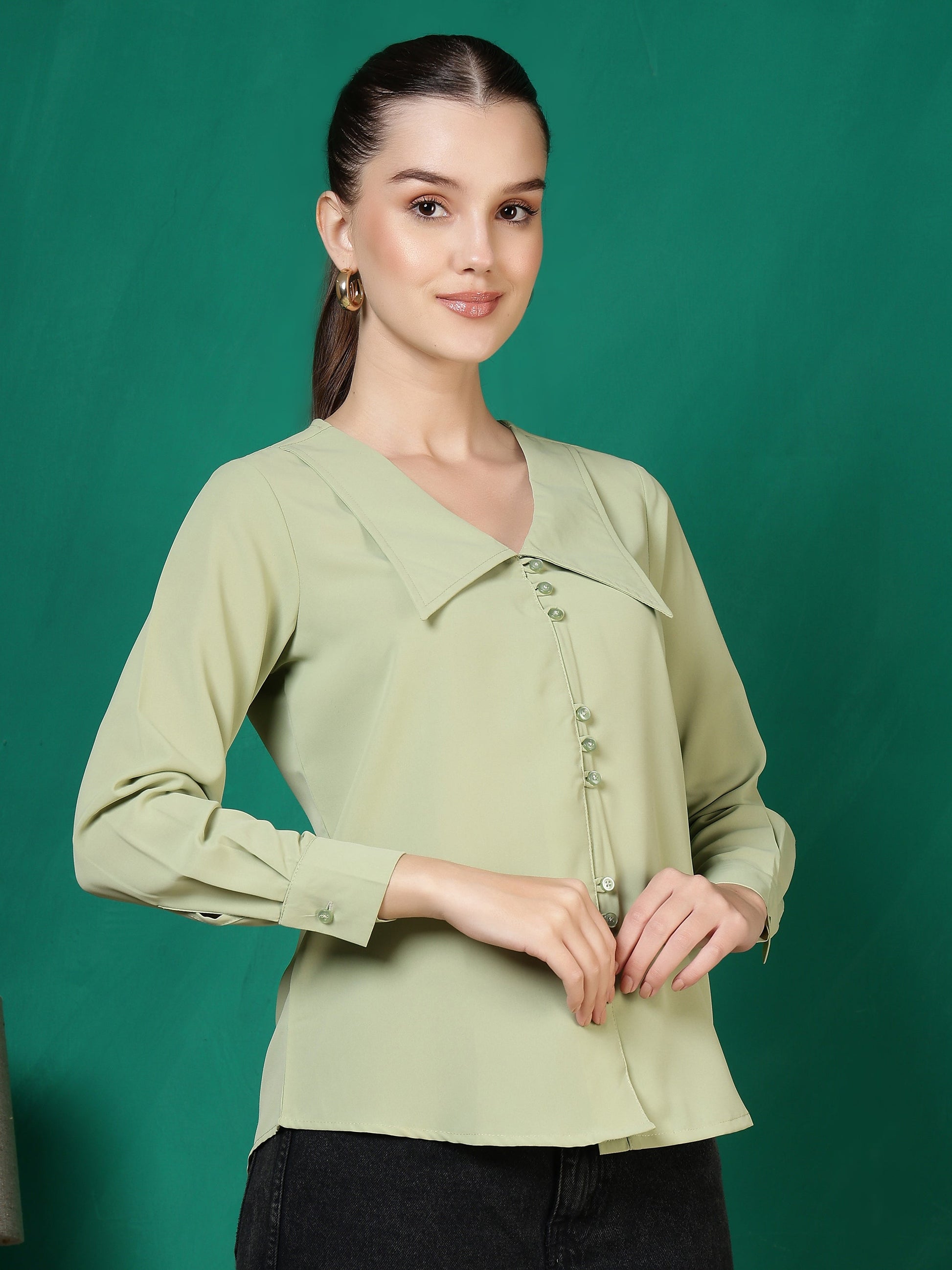 womens solid v neck long sleeve shirt with wide collar