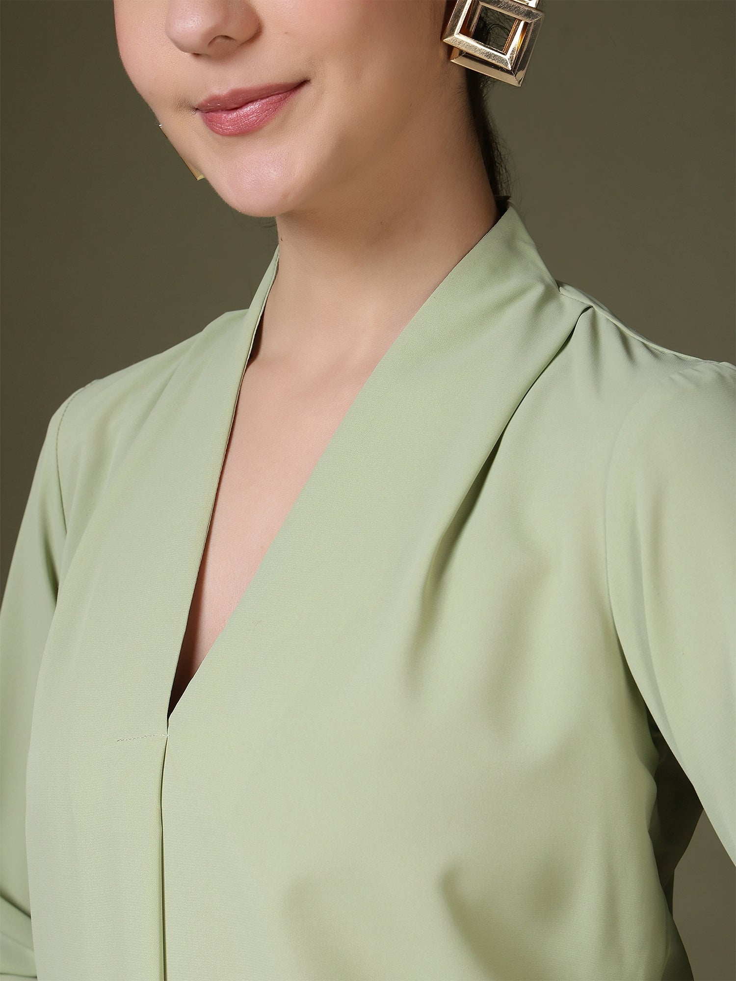 women v neck pleated long sleeve elegant office wear everyday casual top 1