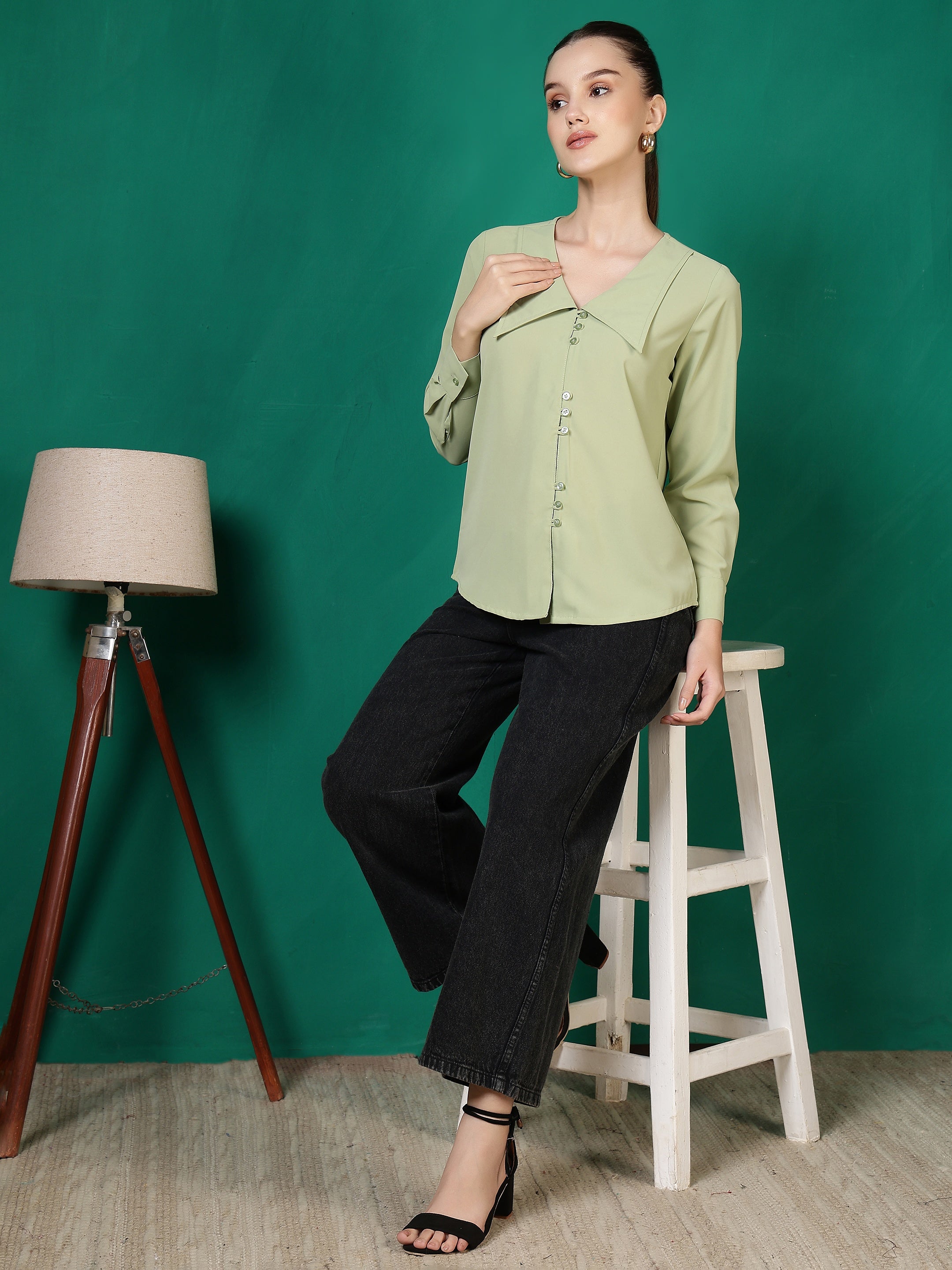 womens solid v neck long sleeve shirt with wide collar