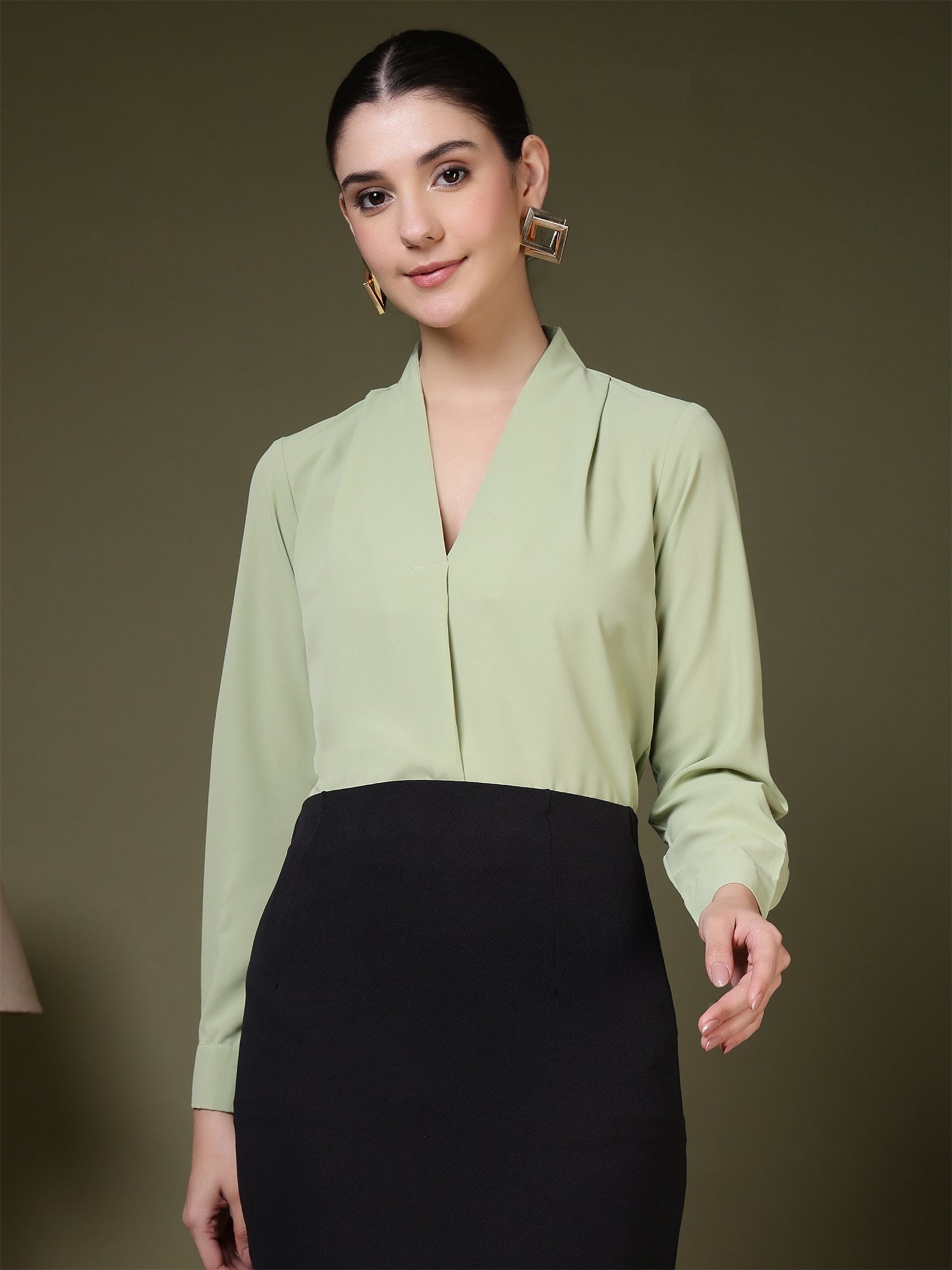 women v neck pleated long sleeve elegant office wear everyday casual top 1