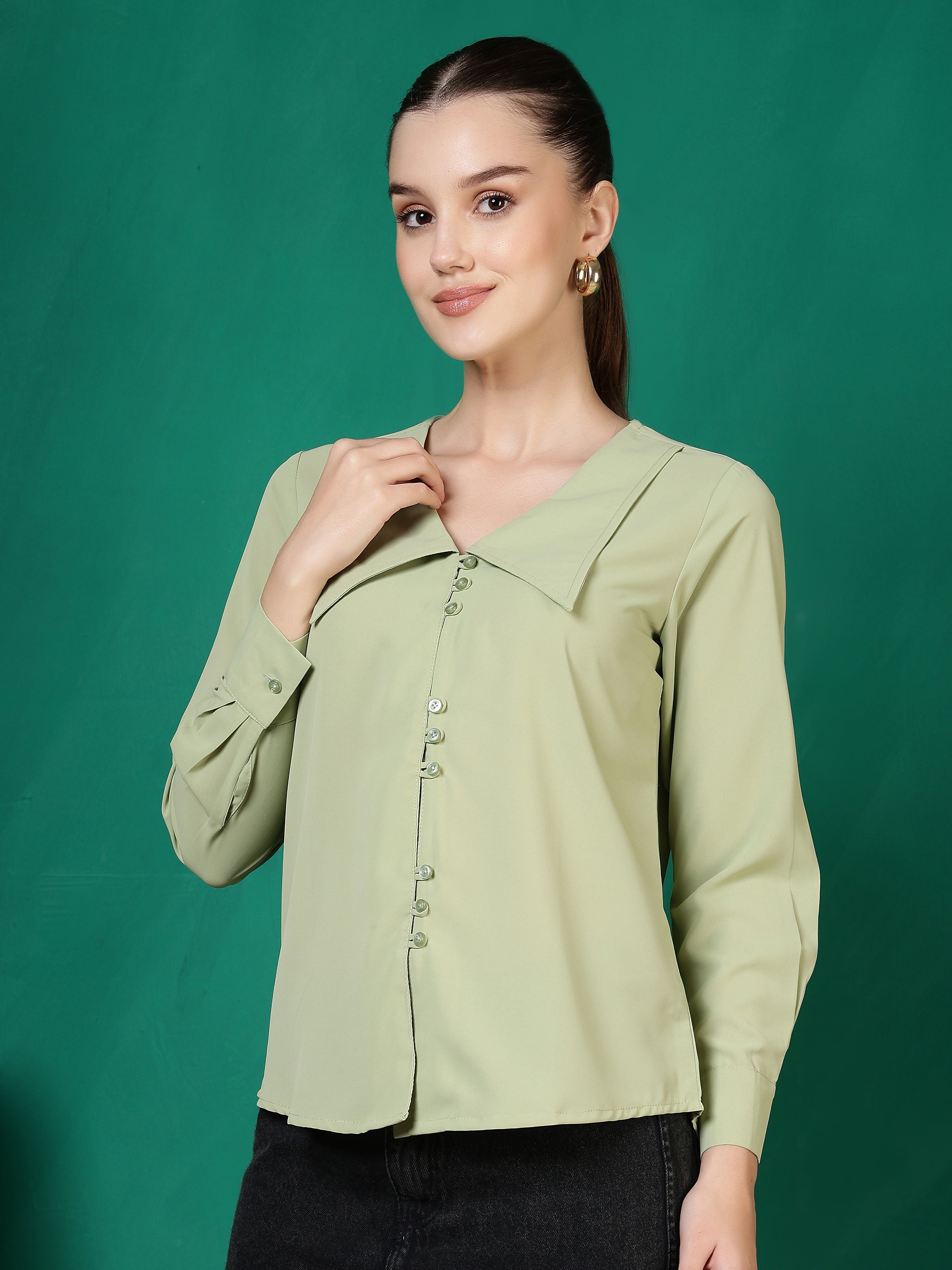 womens solid v neck long sleeve shirt with wide collar