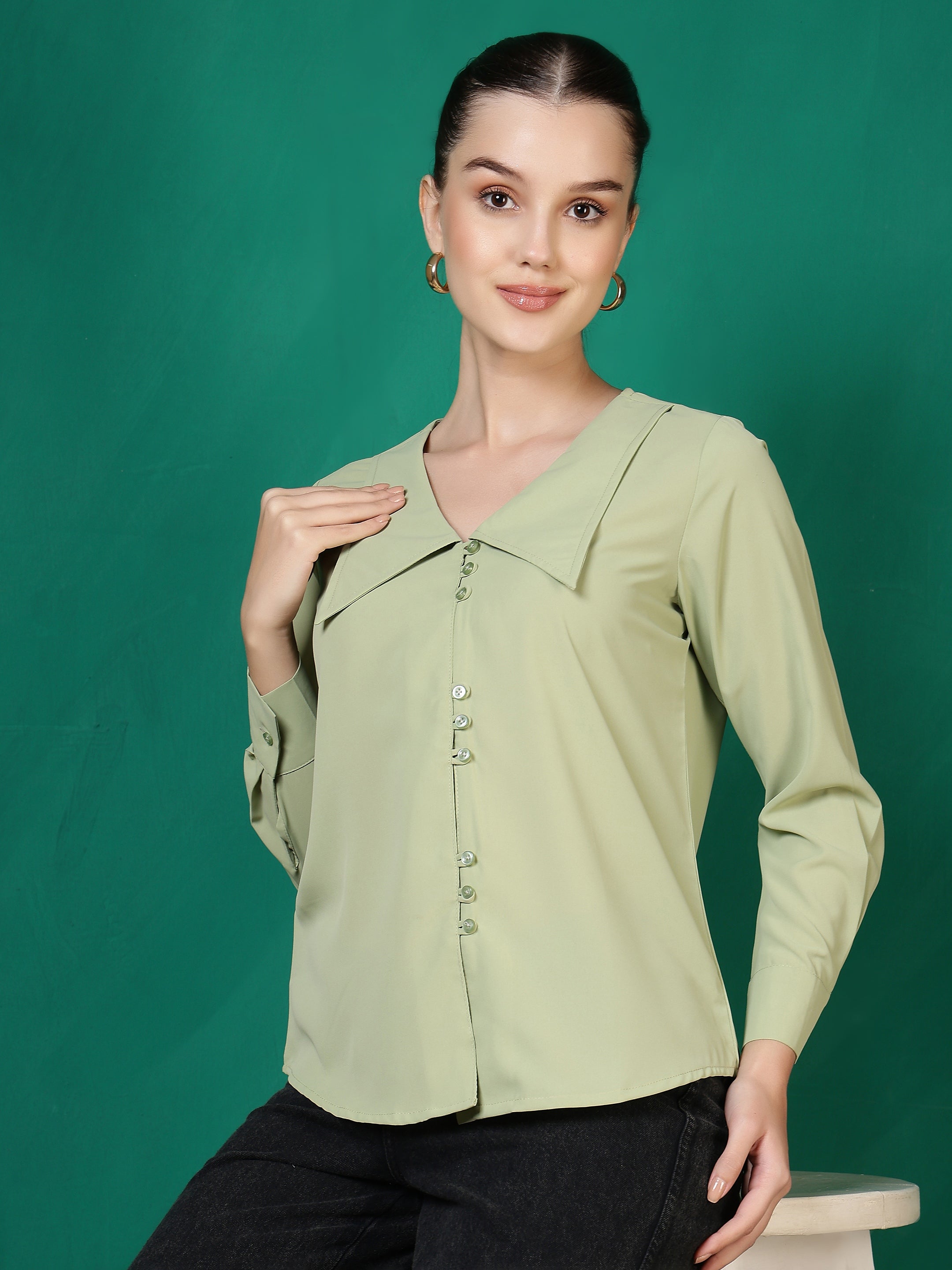 womens solid v neck long sleeve shirt with wide collar