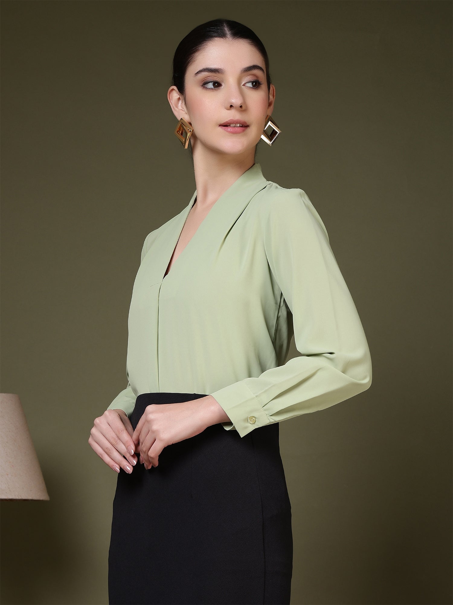 women v neck pleated long sleeve elegant office wear everyday casual top 1