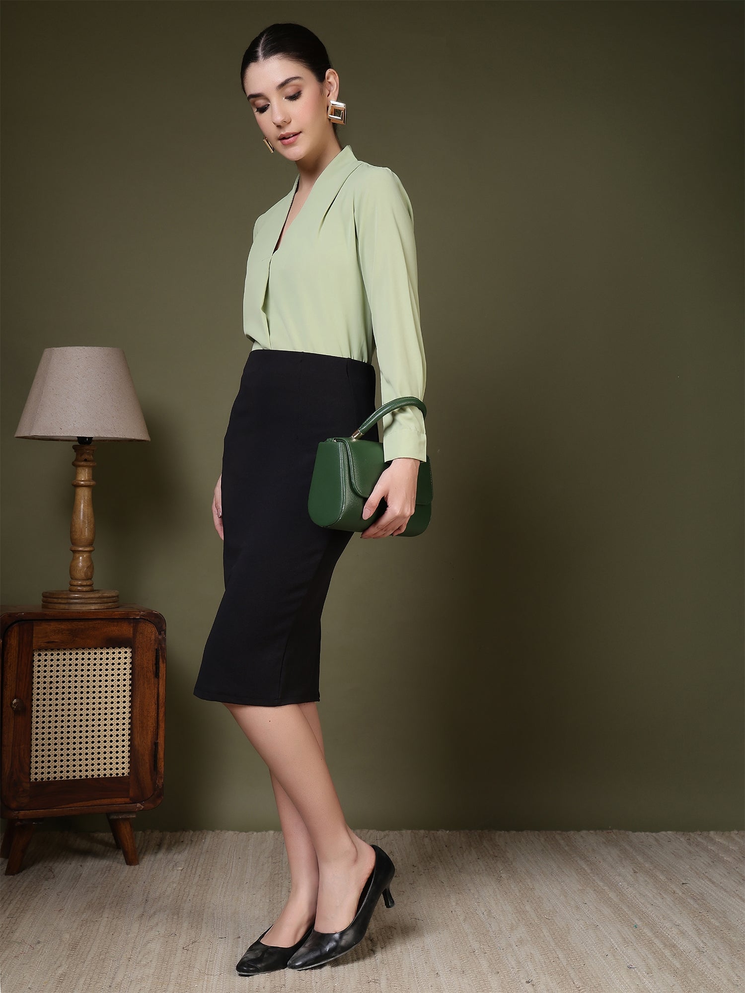 women v neck pleated long sleeve elegant office wear everyday casual top 1