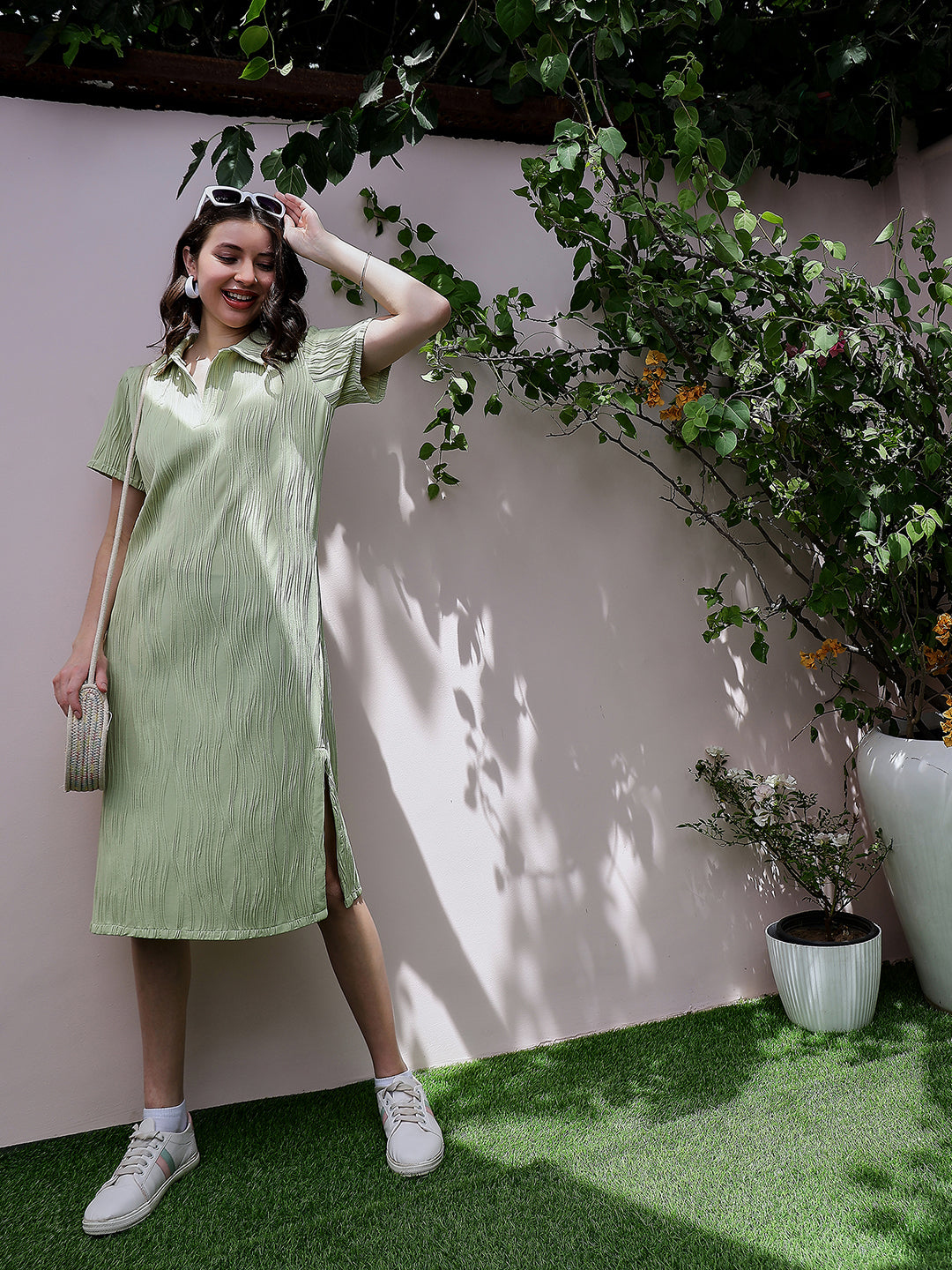 athena green self design short sleeves shirt midi dress