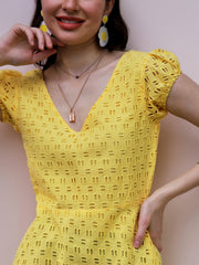 athena yellow v neck puff sleeves schiffli cotton mini fit and flare dress