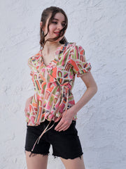 athena orange abstract printed puff sleeve ruffles georgette wrap top