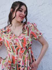 athena orange abstract printed puff sleeve ruffles georgette wrap top