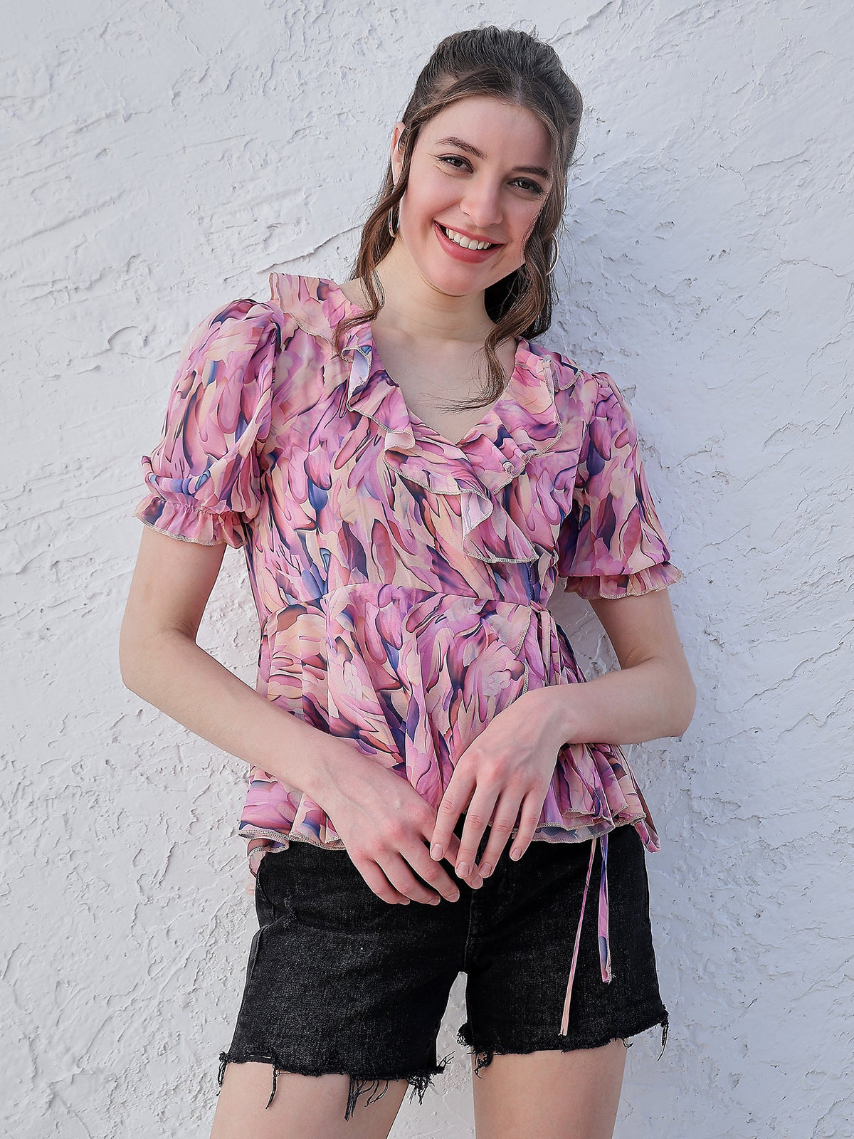 athena lavender floral printed v neck puff sleeves ruffles detailed top