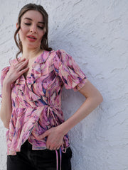 athena lavender floral printed v neck puff sleeves ruffles detailed top