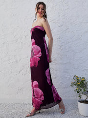 athena purple floral printed strapless maxi dress