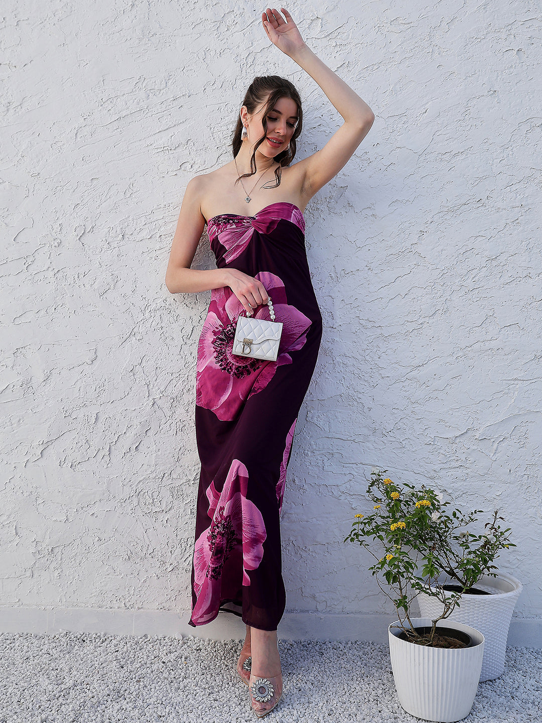 athena purple floral printed strapless maxi dress