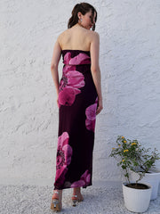 athena purple floral printed strapless maxi dress