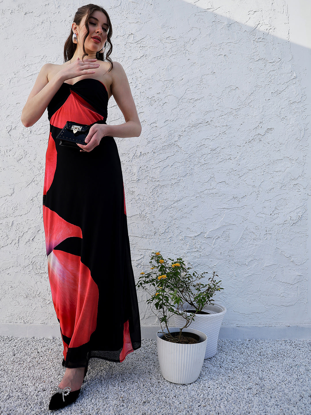 athena black abstract printed strapless maxi dress