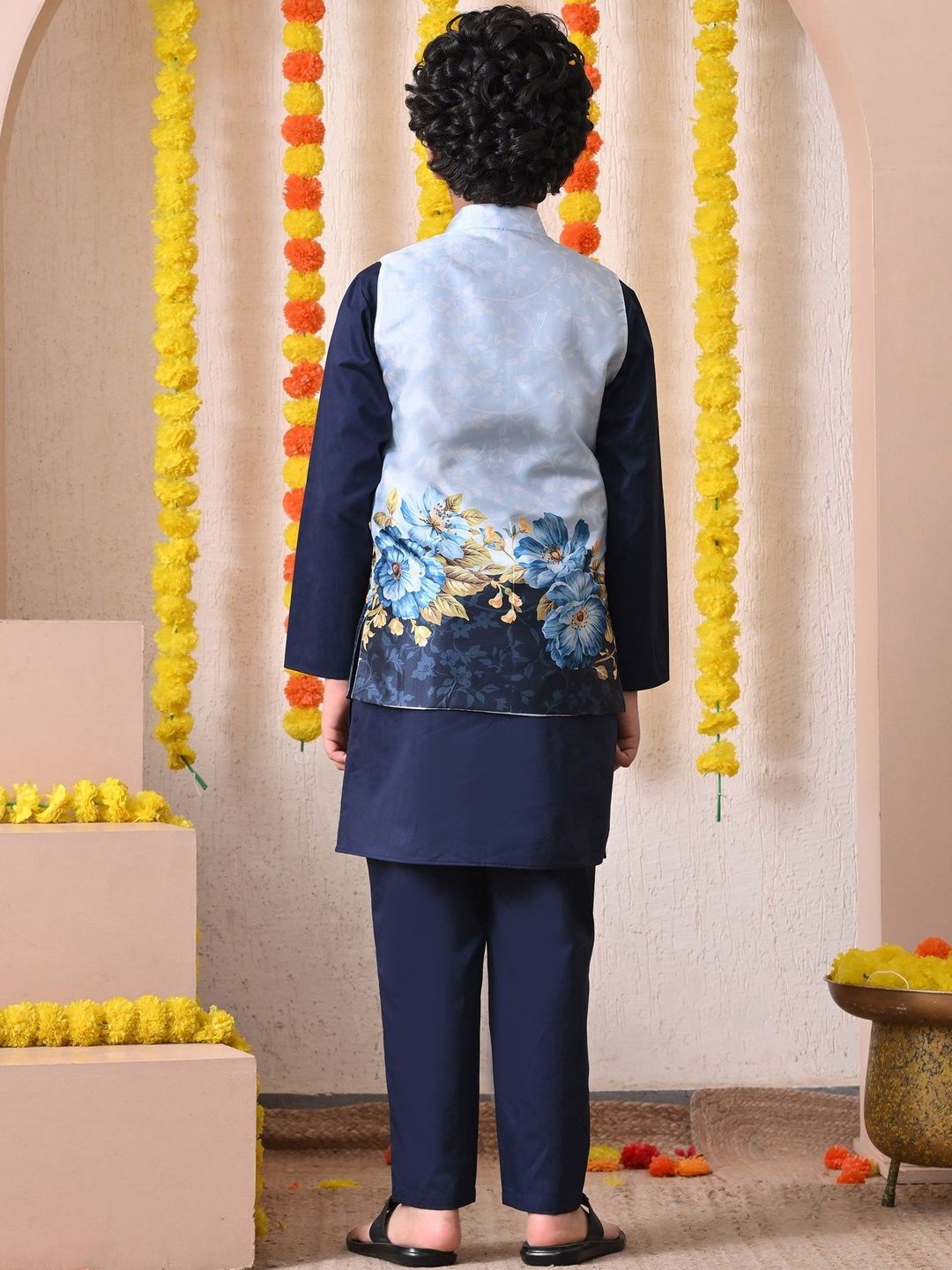Indi Loom Couture Boys Navy Blue Kurta with Floral Printed Jacket & Pyjama Set ILBKSJ25
