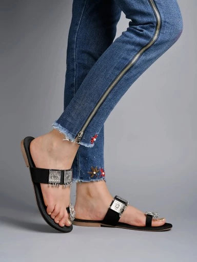 Shoetopia - Ethnic Jewel Detailed Black Flats For Women & Girls