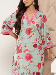 Varanga - Women Sea Green Floral Printed Straight Kurta With 3/4Th Bell Sleeve.