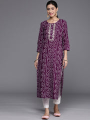 Varanga - Purple And White Bandhani Printed Kurta Gota Embroidery Round Neckline 3/4Th Sleeves Embroidered Buttons Detail"