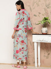 Varanga - Women Sea Green Floral Printed Straight Kurta With 3/4Th Bell Sleeve.