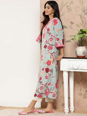 Varanga - Women Sea Green Floral Printed Straight Kurta With 3/4Th Bell Sleeve.
