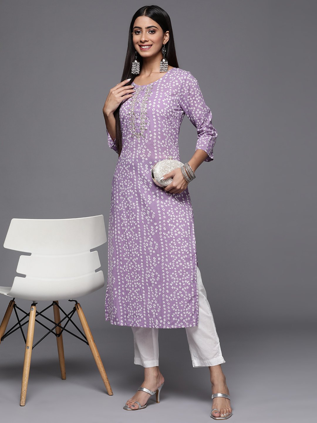 Varanga - Lavender Bandhani Print Embroidered Kurta Only