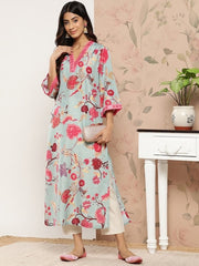Varanga - Women Sea Green Floral Printed Straight Kurta With 3/4Th Bell Sleeve.