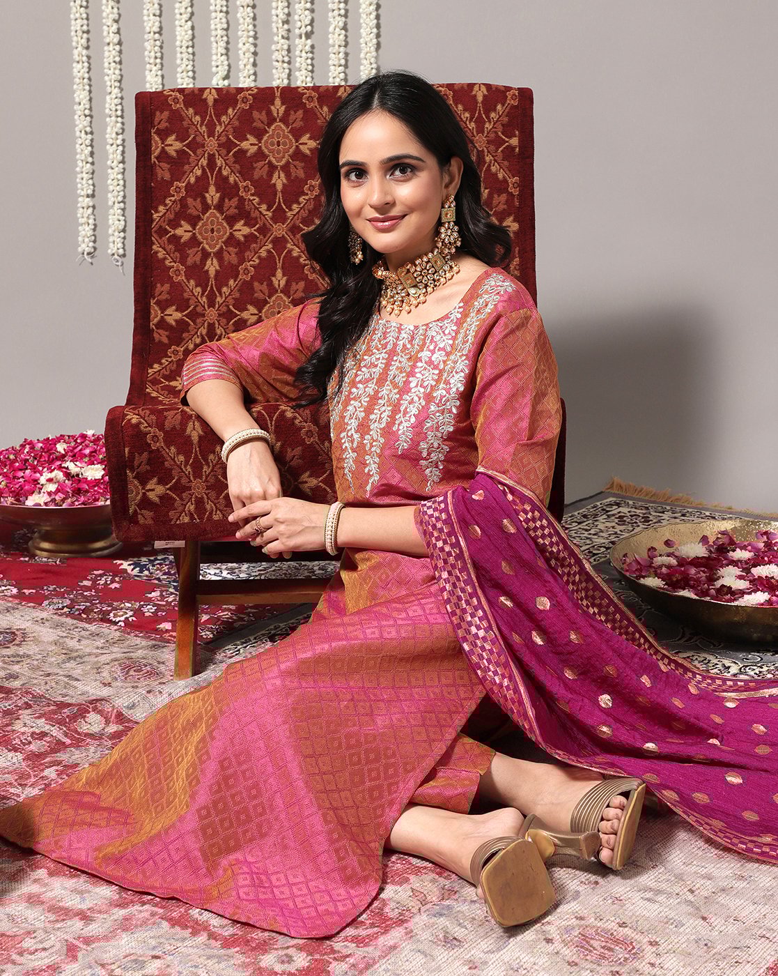 Varanga - Coral Embroidered Straight Kurta With Three-Quarter Sleeves Paired With Tonal Bottom And Dupatta