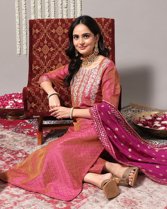Varanga - Coral Embroidered Straight Kurta With Three-Quarter Sleeves Paired With Tonal Bottom And Dupatta
