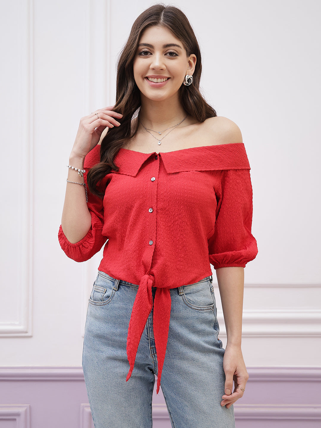 athena immutable off shoulder puff sleeve waist tie ups bardot crop top 3